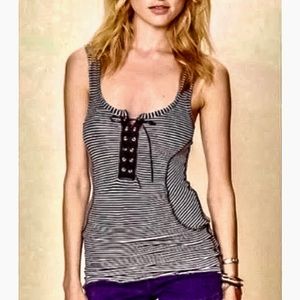 Free People Black & White Striped Fitted Tank; Distressed Leather Lace Up Top XS